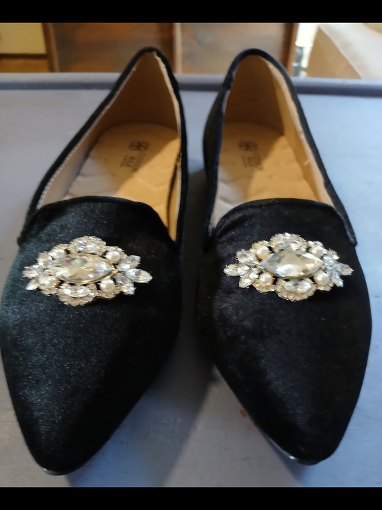 Avon Shoes - Avon Black Velvet Pointed Toe Flats with Crystal Brooch